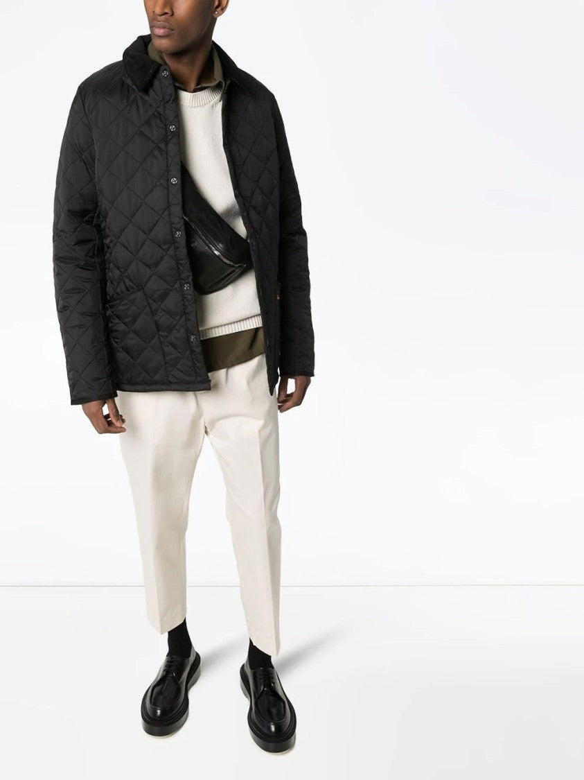 Barbour Quilted Black Down Jacket With Corduroy Collar