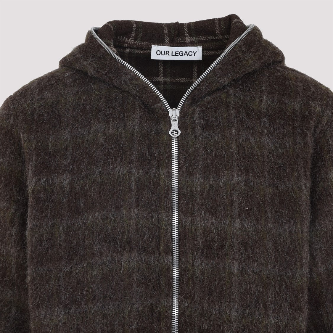 Our Legacy Dorf Check Brown Wool Full Zip Hood Sweatshirt