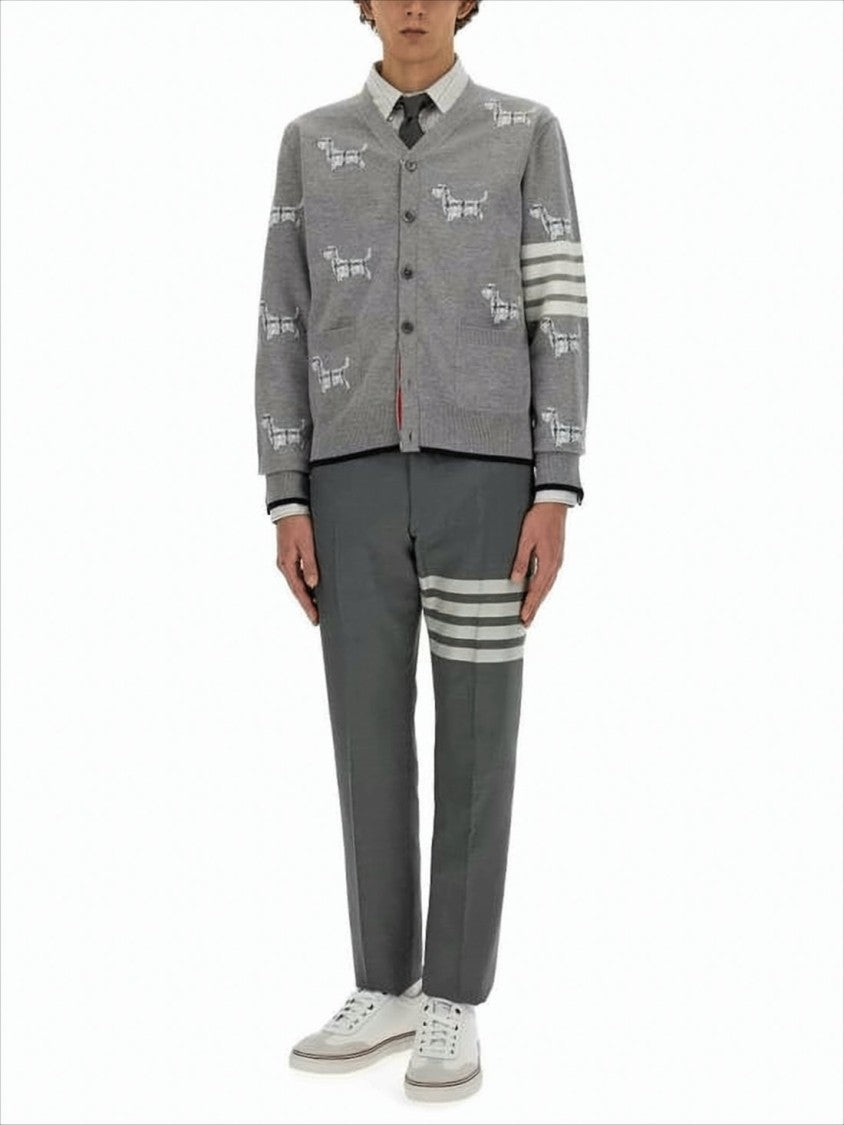 Thom Browne Embroidered Grey Wool Blend Cardigan With Signature Stripes