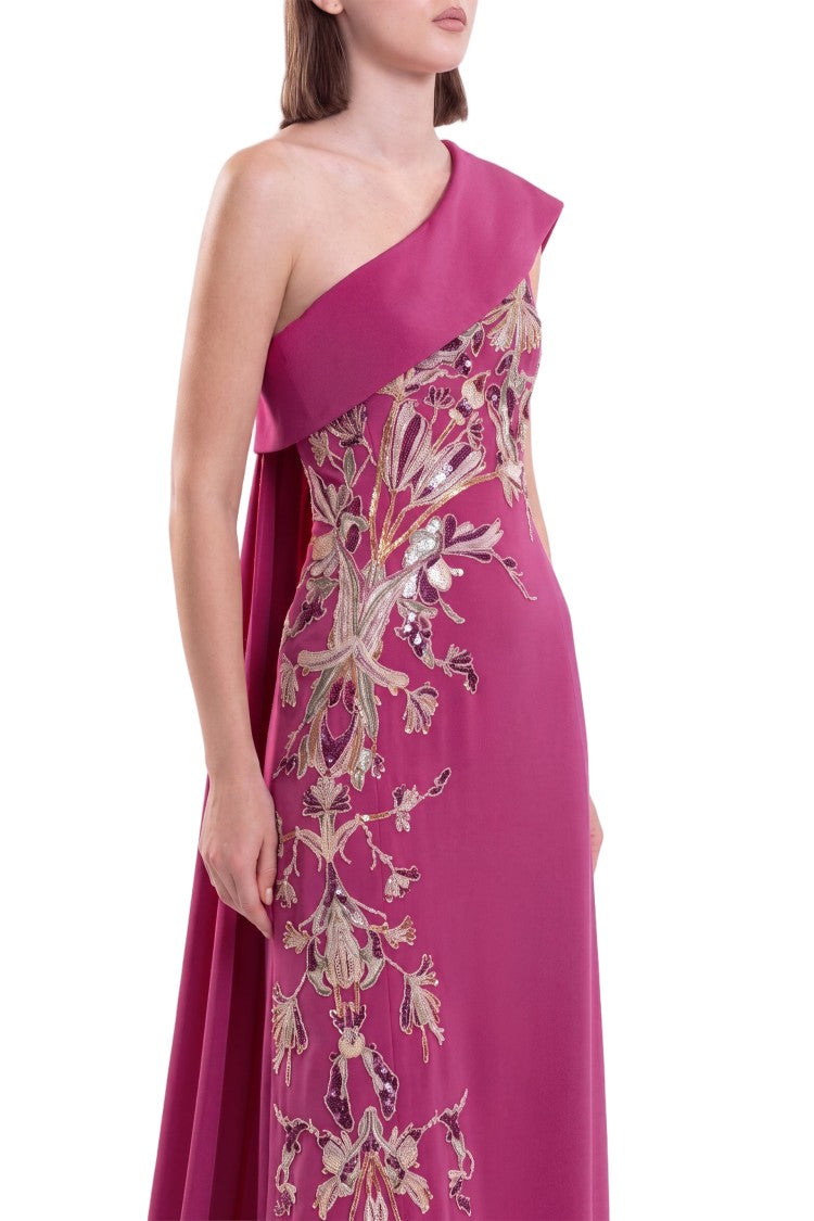 Saiid Kobeisy One Shoulder Embroidered Crepe Dress