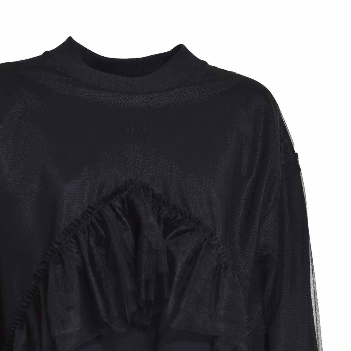 Msgm Black Cotton Crewneck Sweatshirt Covered In Tulle
