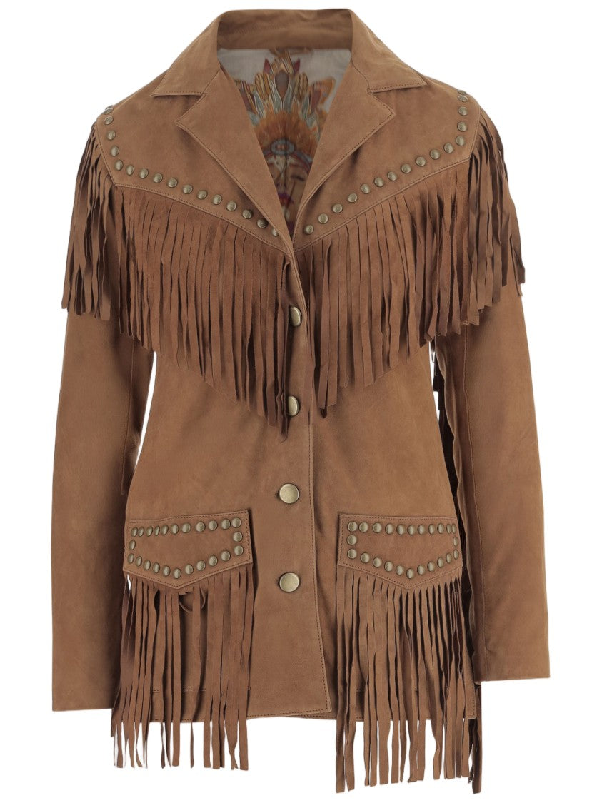 Uncommon Caramel Studded Suede Fringed Jacket
