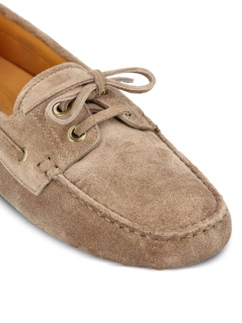 Tod's Beige Suede Loafers With Moccasin Toe And Lace-Up Detail