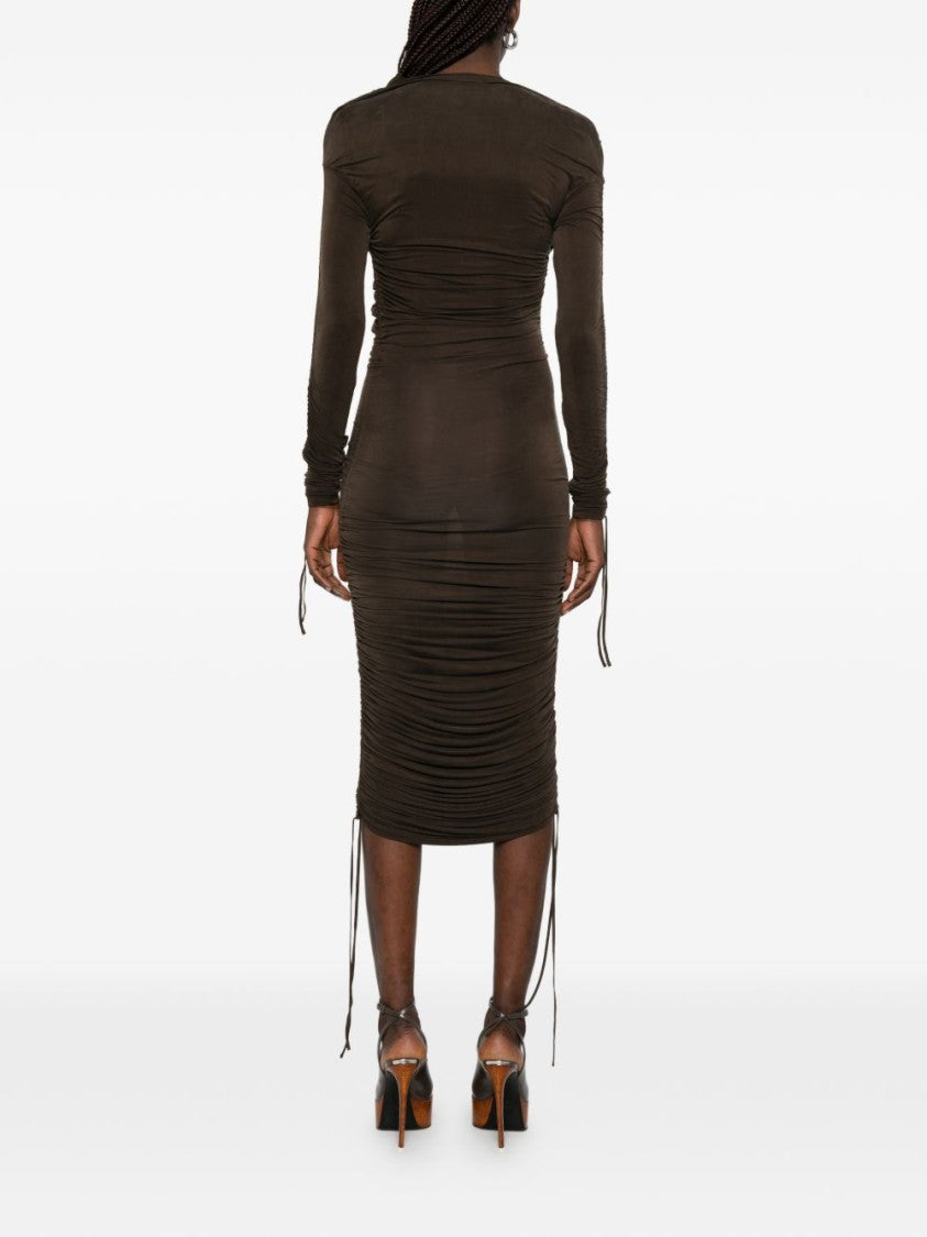 Balmain Brown Gathered Long Sleeve Midi Dress
