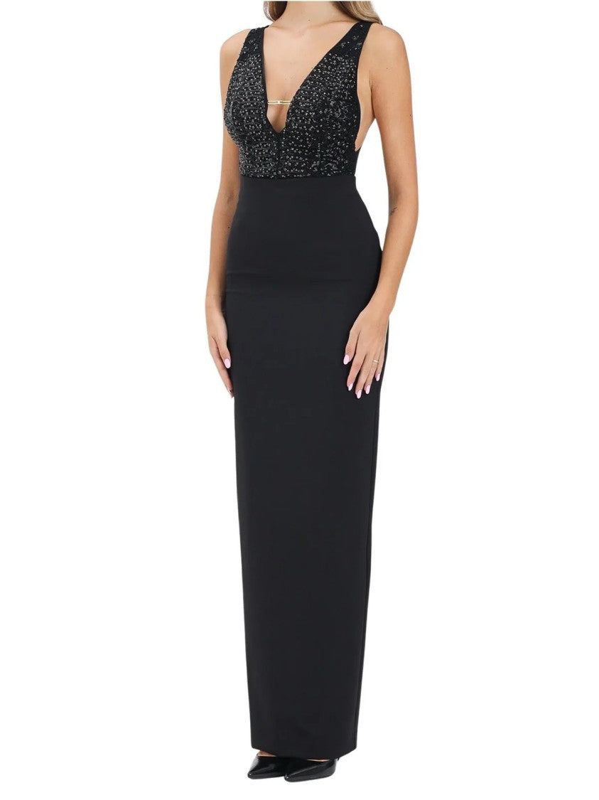 Red Carpet E. Franchi Long Straight Dress With V-Neckline And Appliqué Details