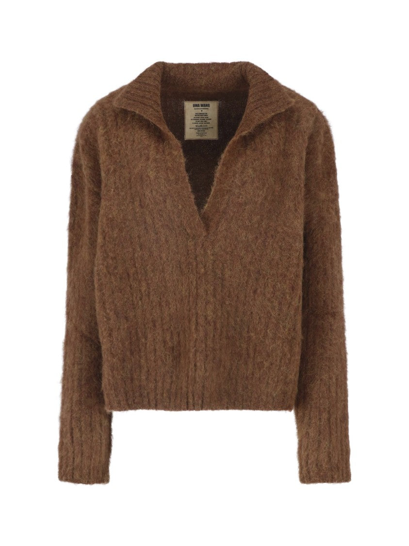 Uma Wang Cropped Alpaca Blend Sweater With Deep V-Neckline And Long Sleeves