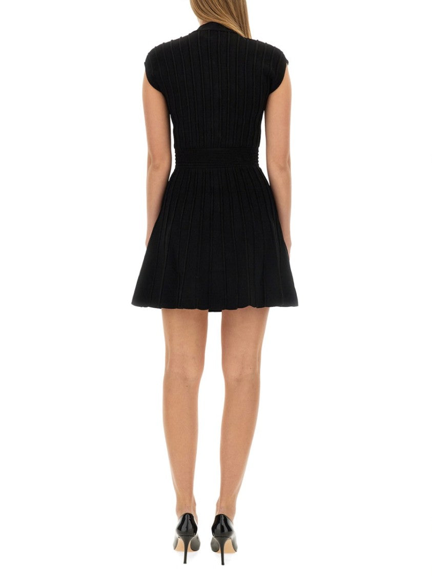 Balmain Fitted Black Velvet Mini Dress With Ribbed Design