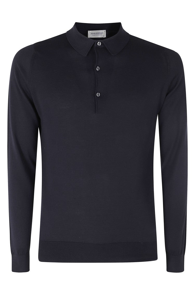 John Smedley Navy Blue Button-Down Collar Long-Sleeve Cotton Polo Shirt