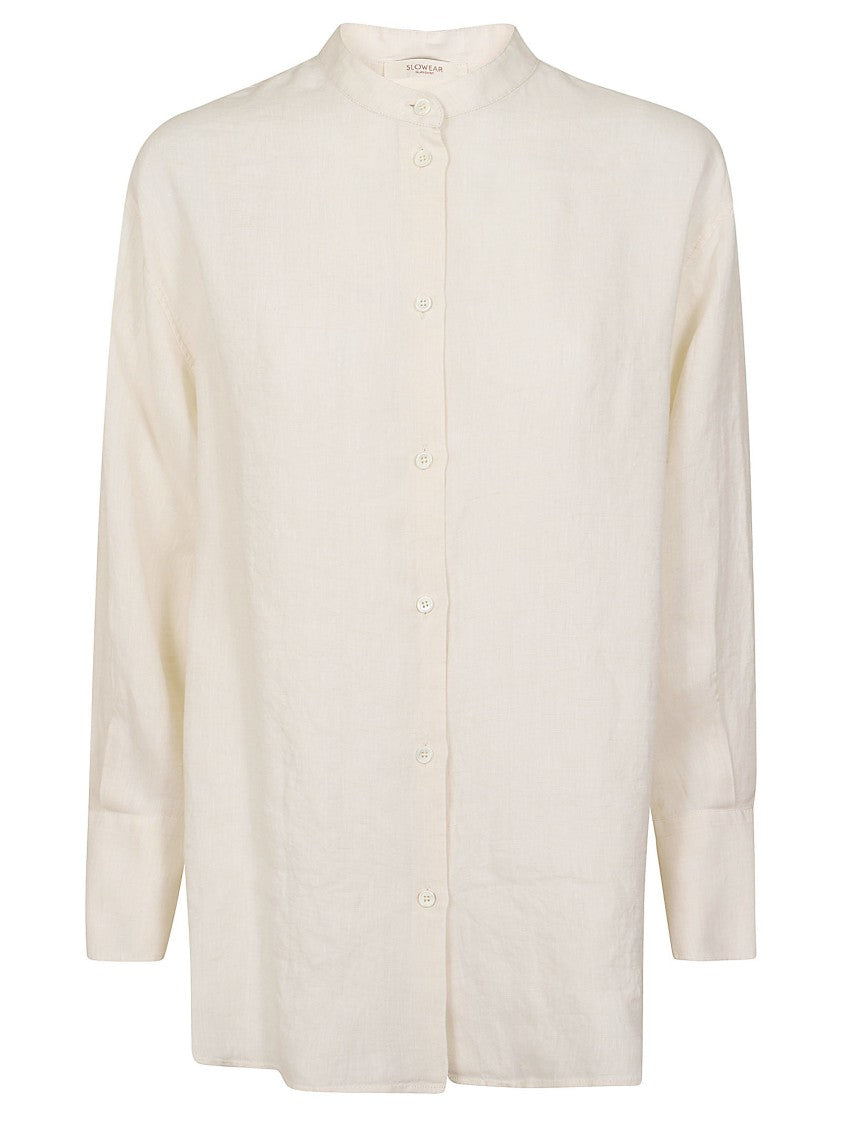 Zanone Mandarin Collar Linen Shirt With Button-Down Front