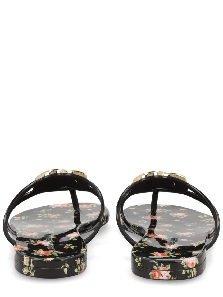 Dolce & Gabbana Black Floral Print Plaque Strap Tpu Sandals