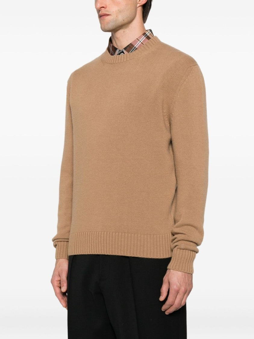 Seven Gauge Camel-Colored Crew Neck Sweater With Ribbed Cuffs And Hem