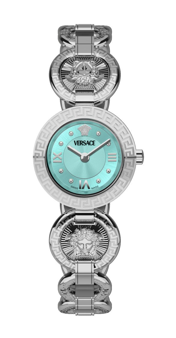 Versace Stainless Steel Quartz Watch With Turquoise Dial And Greca Pattern