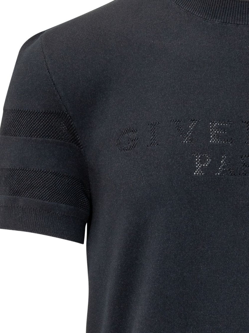 Givenchy Navy Blue Textured Panel Embroidered Knit Top