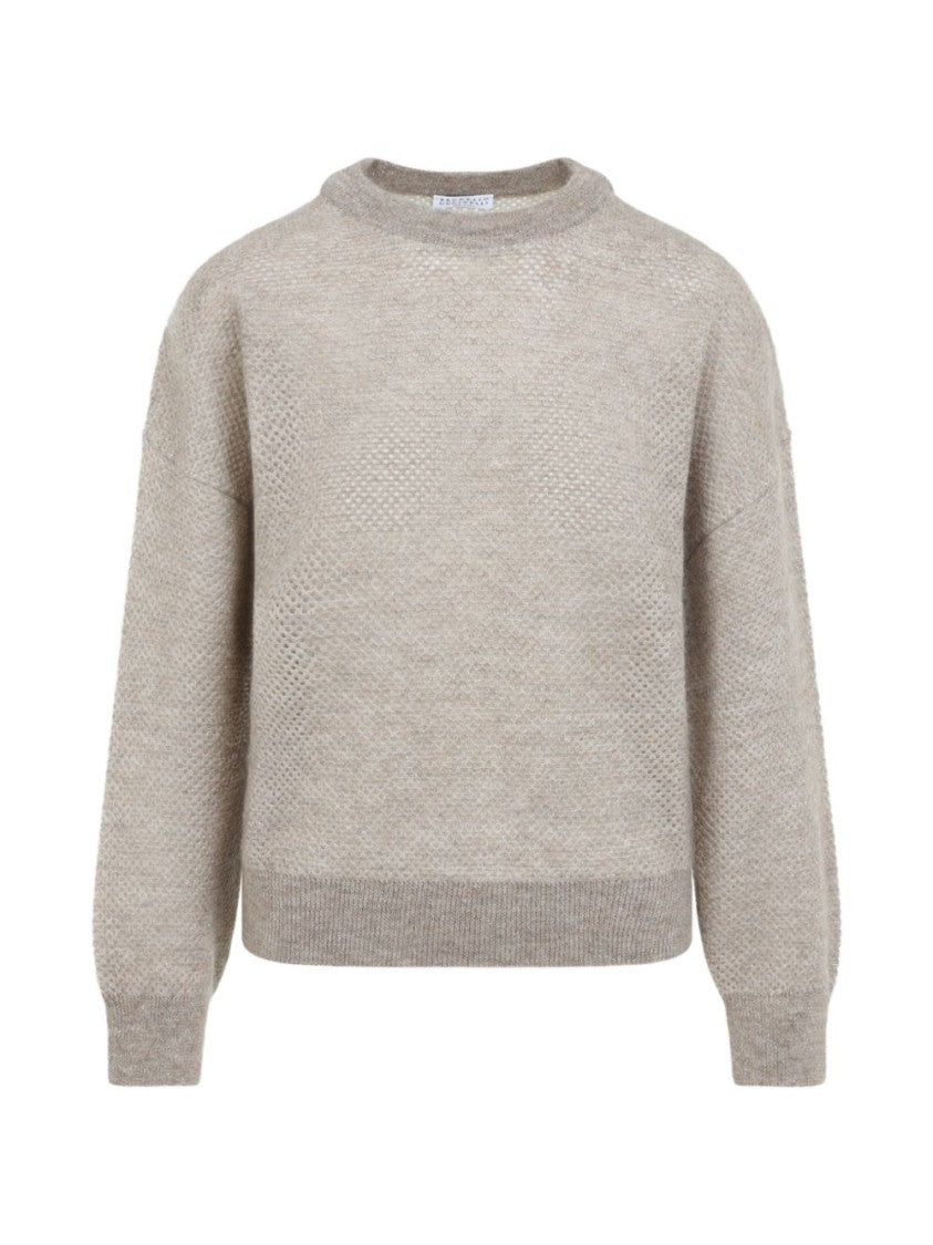 Brunello Cucinelli Black Open-Knit Crew Neck Dropped Sweater