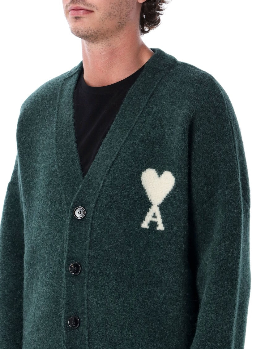 Ami Paris V-Neck Alpaca Cardigan With Distinctive Intarsia Logo