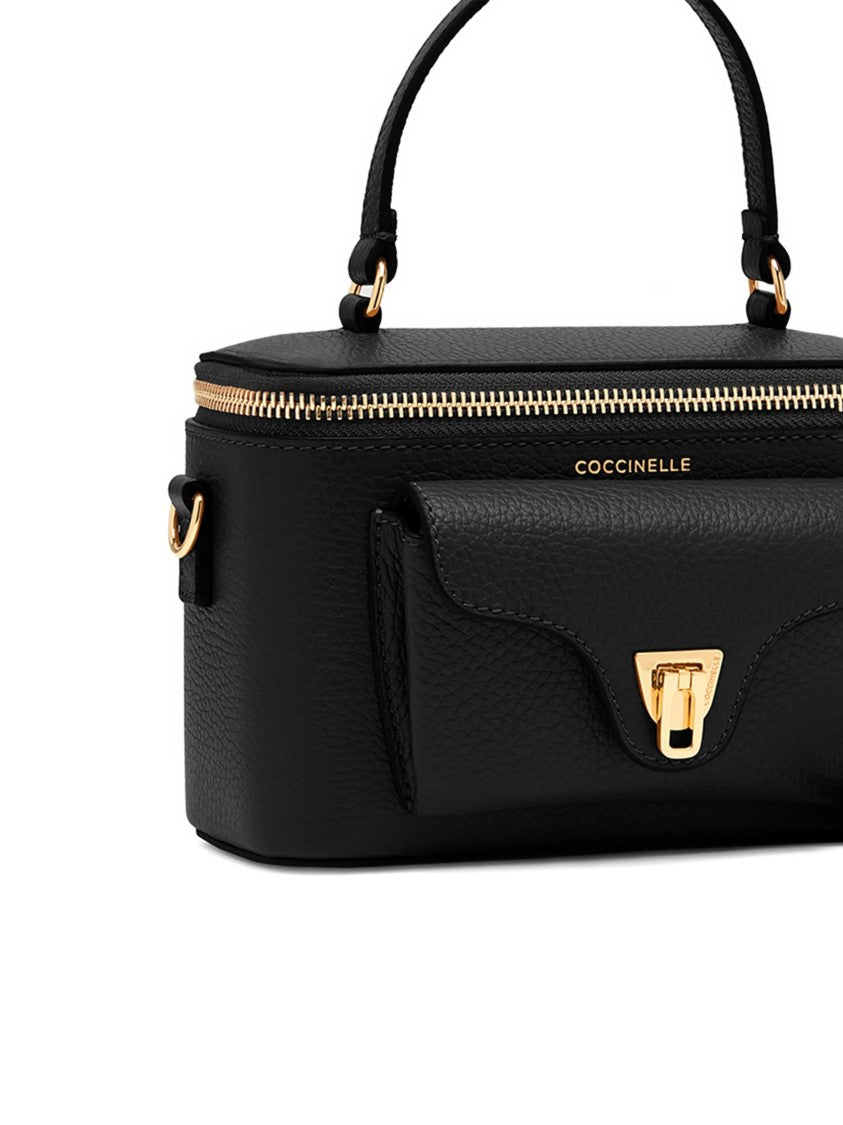 Coccinelle Structured Black Leather Shoulder Bag With Gold Accents