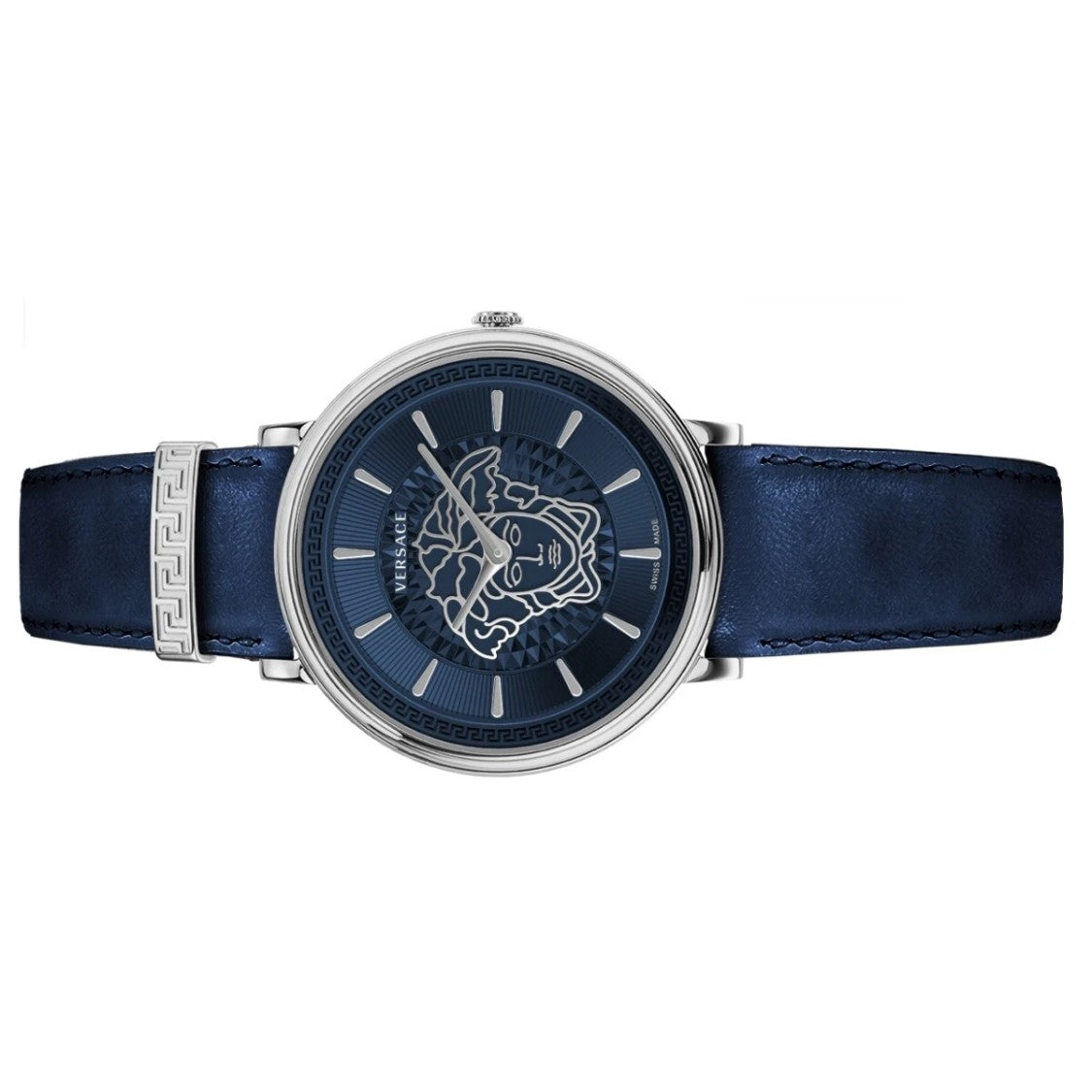 Versace 38Mm V-Circle Quartz Watch With Blue Dial And Leather Strap