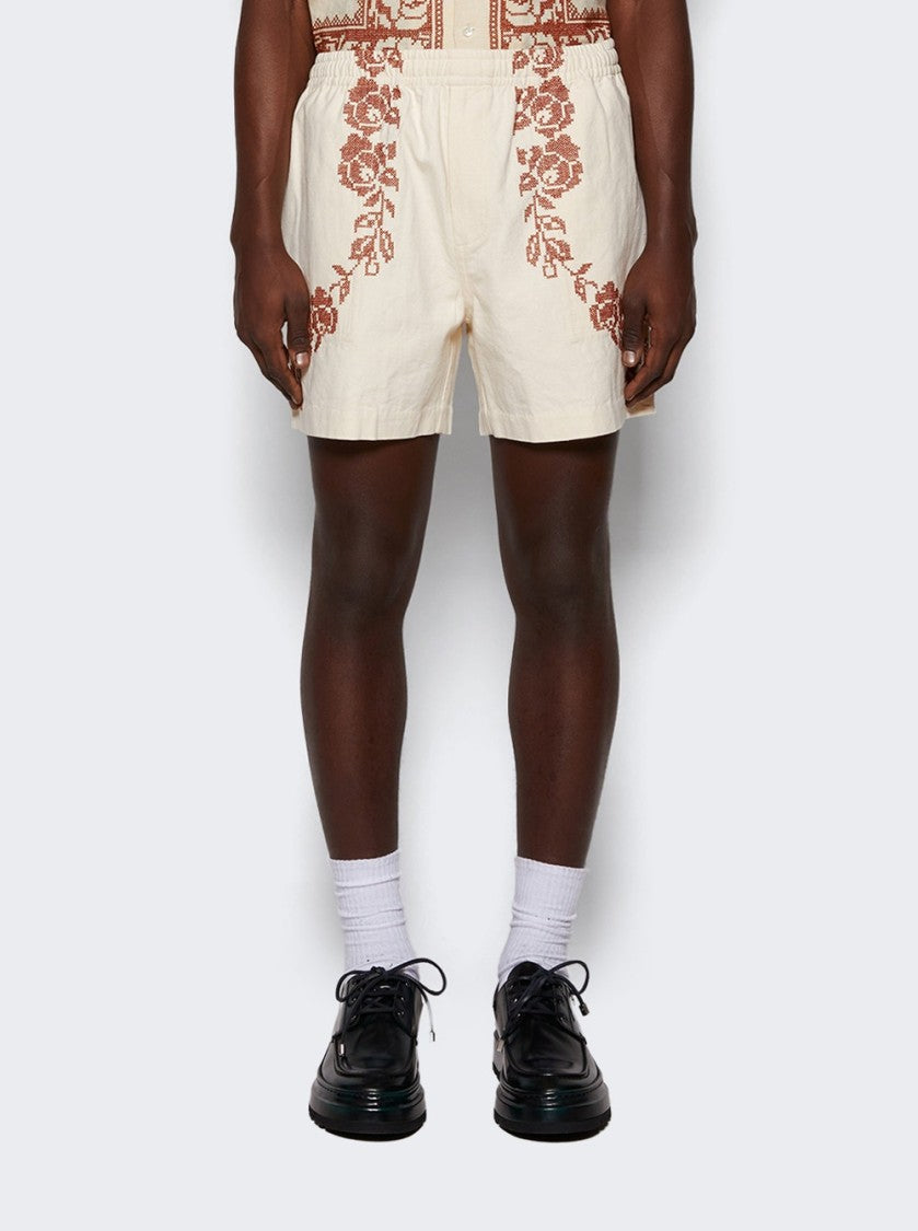 Bode Cross Stitched Rose Garland Shorts