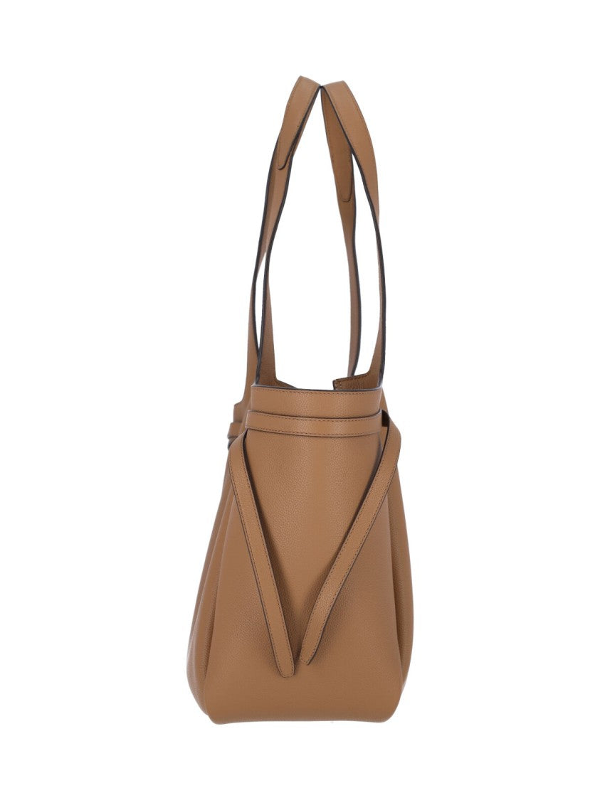 Tory Burch Romy Metal Logo Beige Textured Leather Shoulder Bag