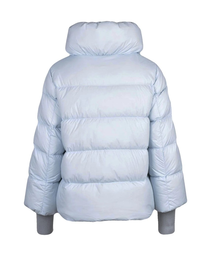 Add Short Light Blue Down Jacket With Quilted Design And High Collar