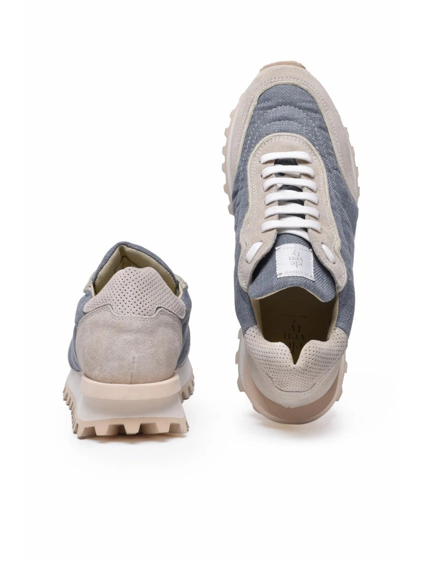 Eleventy Blue Beige Suede Leather Sneakers
