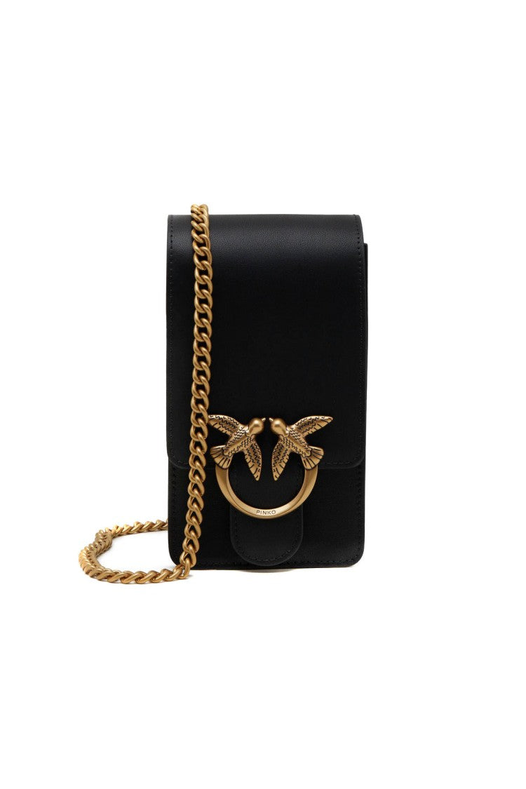 Pinko Black Love-Bird Clasp Chain Leather Shoulder Bag