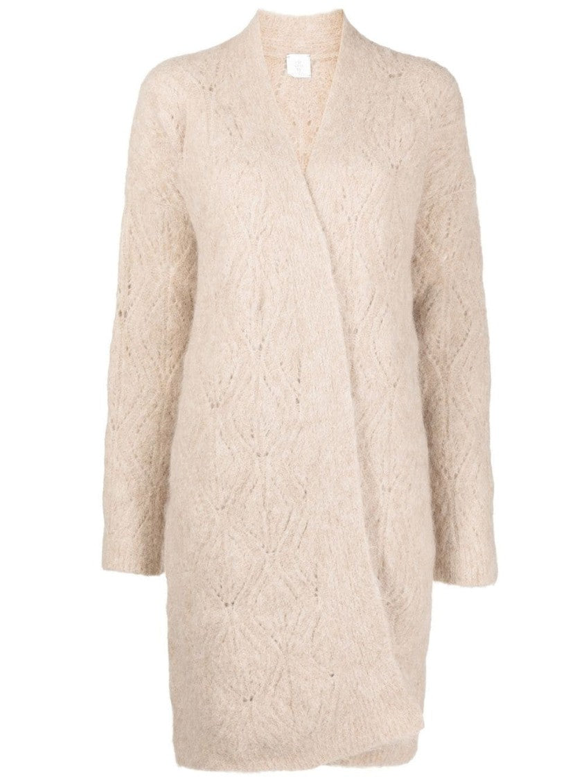 Eleventy Textured Knit Long Cardigan In Plush Alpaca Leather And Camel Hair