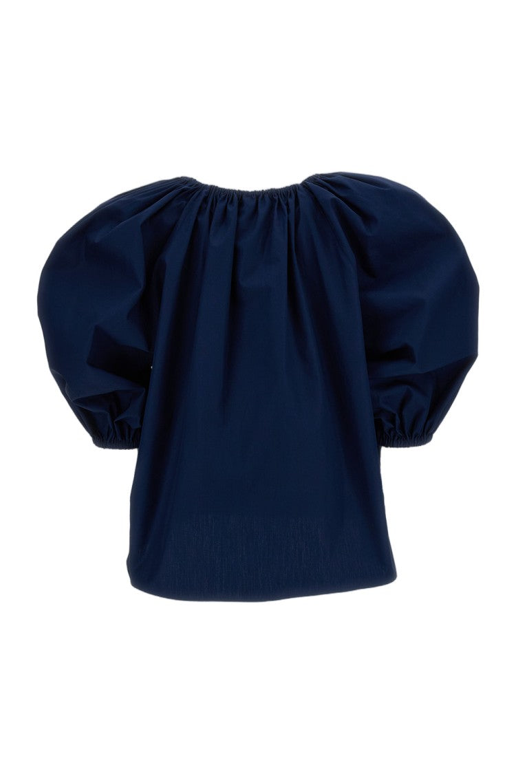 Polo Ralph Lauren Teal Blue Cotton Poplin Blouse With Drawstring Neckline And Voluminous Sleeves