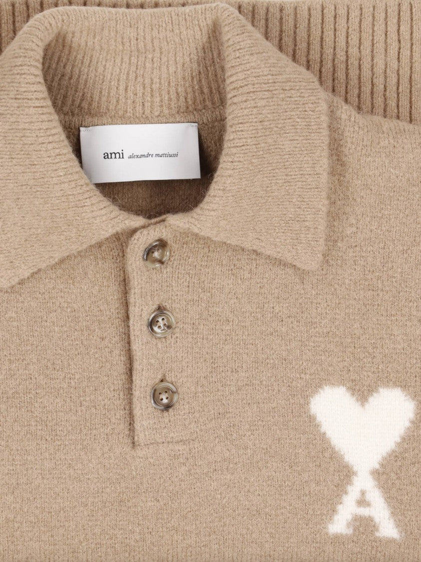 Ami Paris Beige Wool Blend Cardigan With Classic Collar And Intarsia Logo