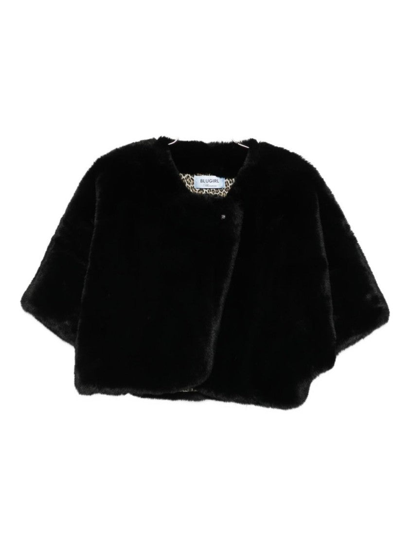 Blugirl Cropped Faux Fur Coat With Jeweled Button