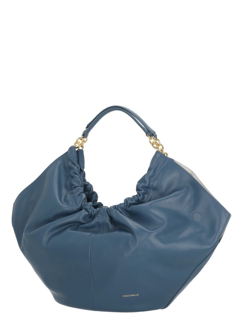 Coccinelle Medium Shoulder Bag In Smooth Blue Leather With Gathered Design