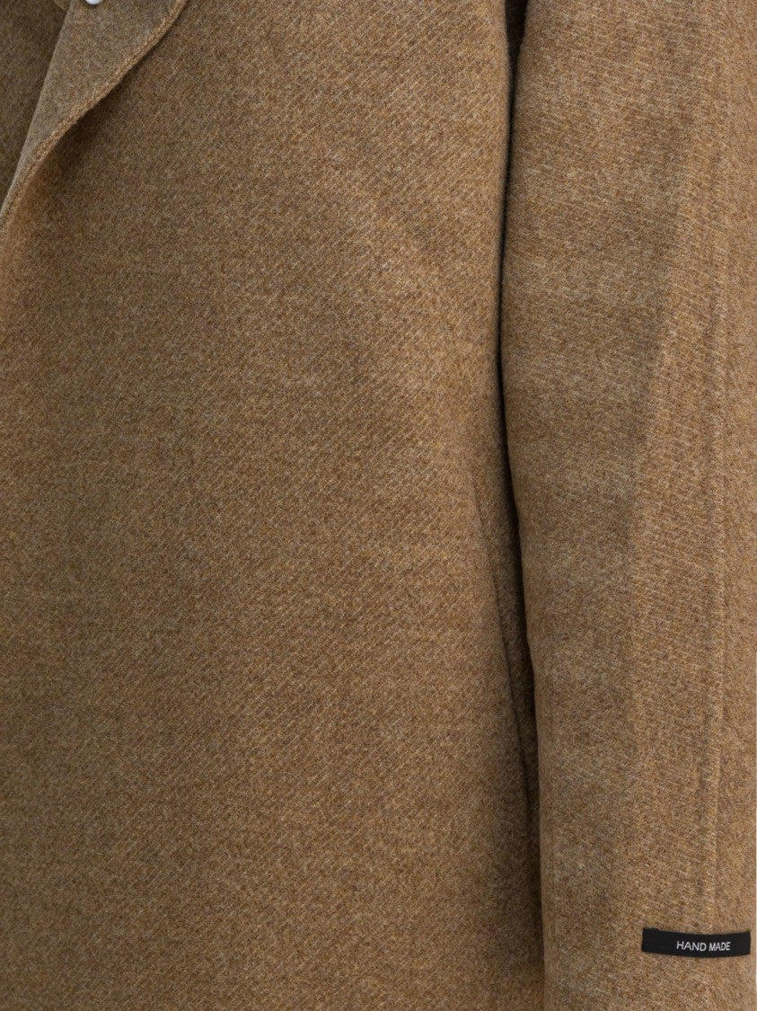 Sandbeige Mid-Length Wool Coat With Wide Lapel