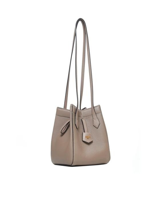 Fendi Structured Taupe Calf Leather Shoulder Bag With Gold-Tone Hardware