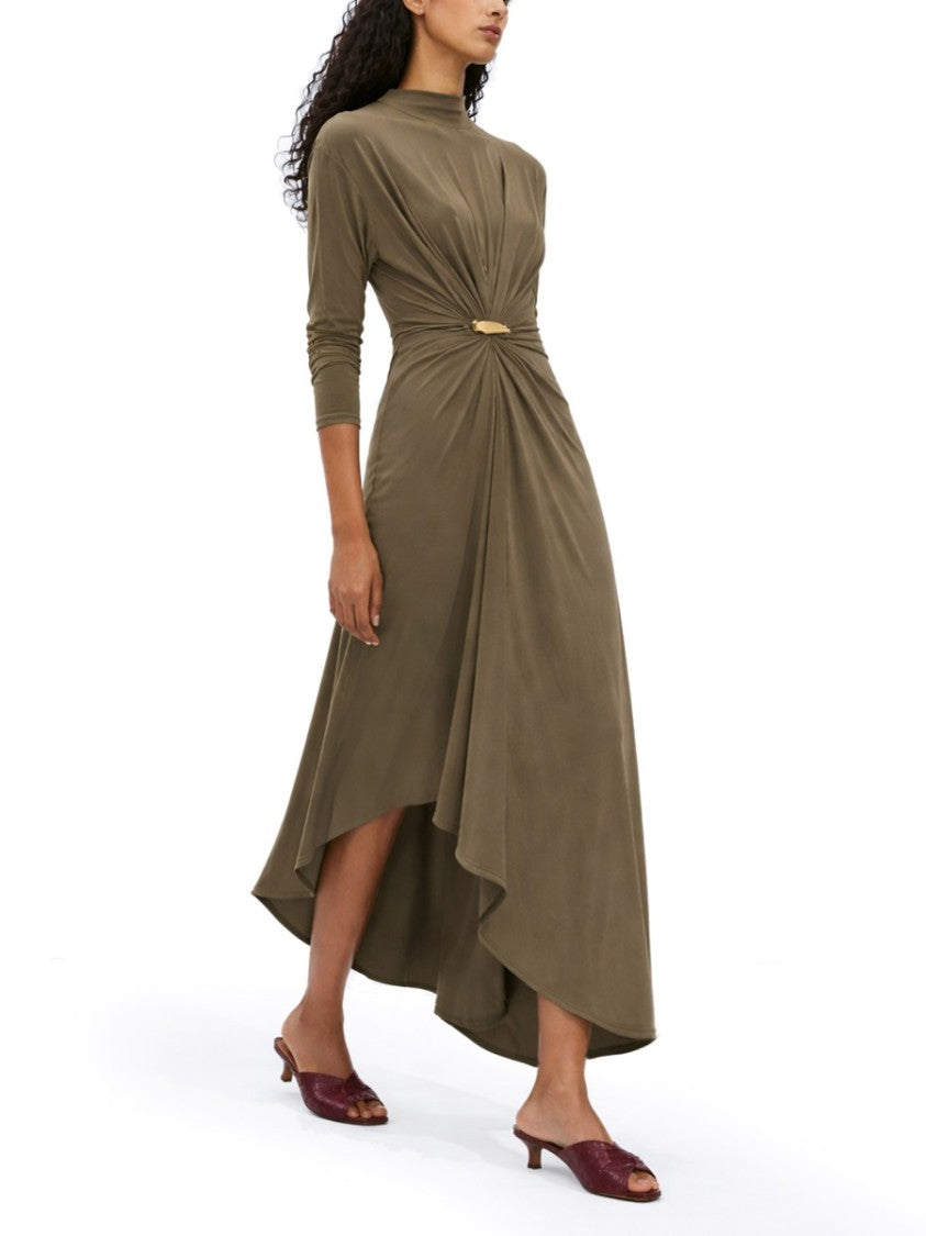 Bottega Veneta Draped Green Maxi Dress With Decorative Pin