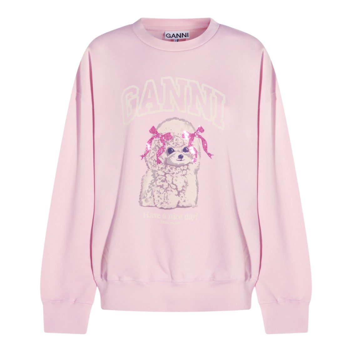 Ganni Pastel Pink Sweater With Fluffy Dog Graphic