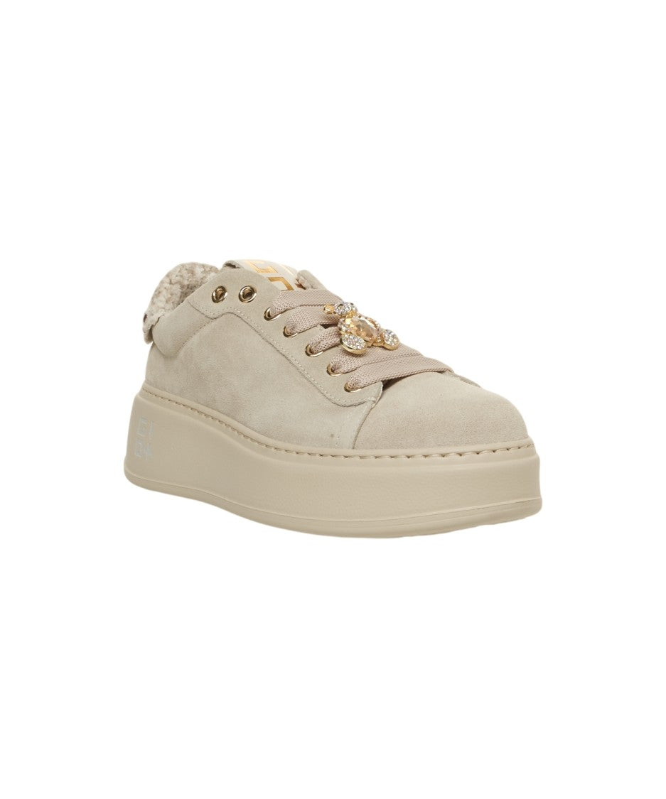 Gio+ Beige Suede Platform Sneakers With Golden Charm Laces