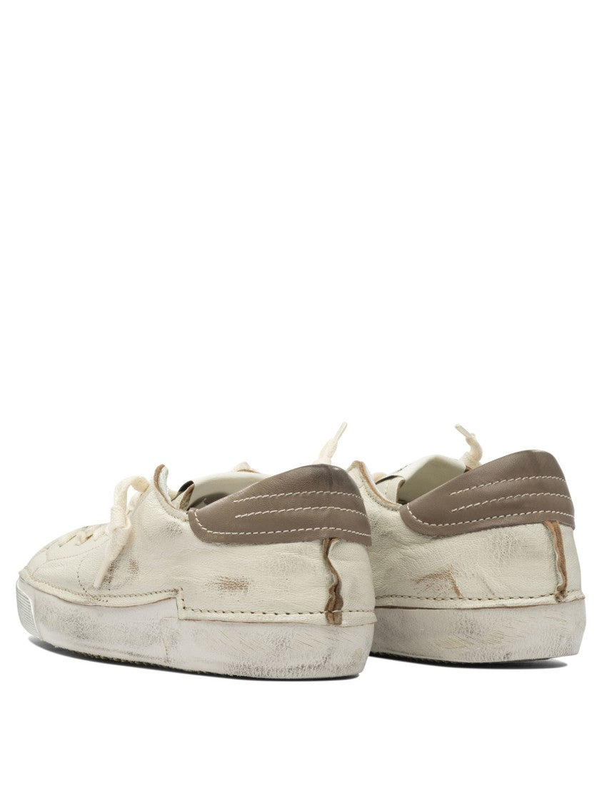 Philippe Model Paris Distressed Off-White Leather Sneakers With Brown Accents