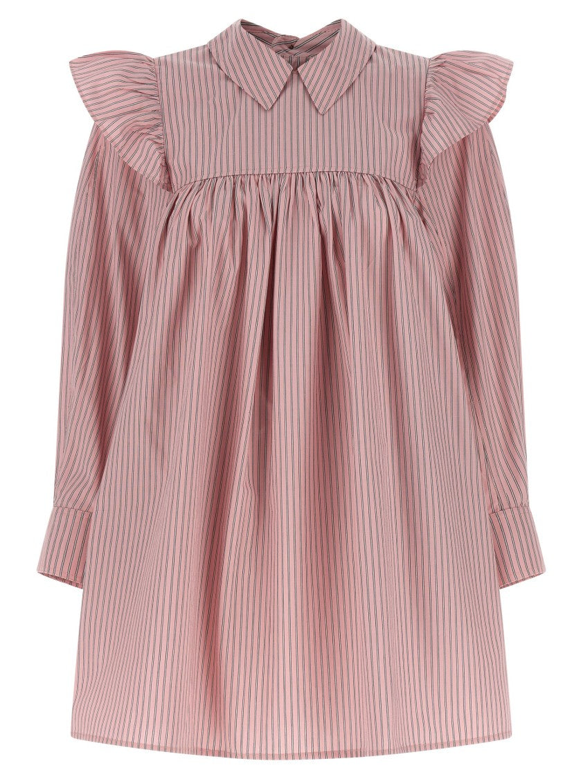 Ganni Oxford Cotton Mini Dress With Ruffled Shoulders And Classic Collar