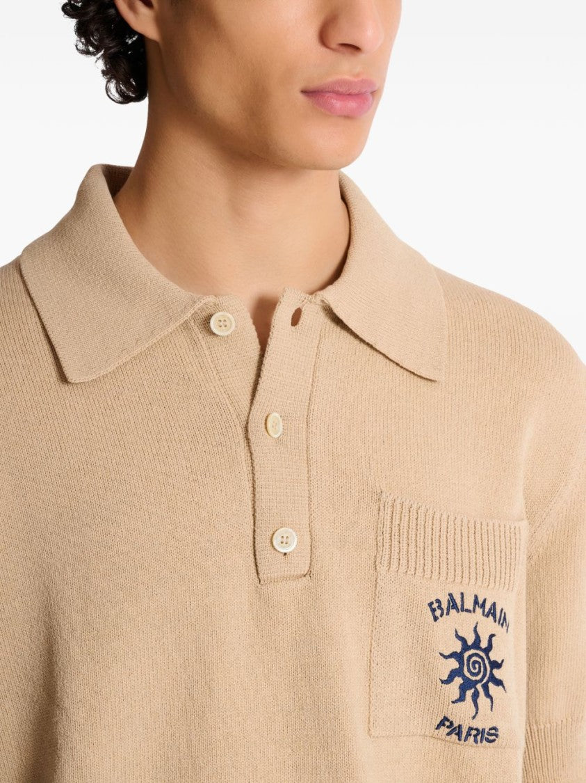 Balmain Beige Ribbed Short-Sleeve Polo Shirt