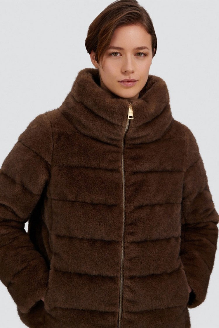 Herno Brown Polyester Faux-Fur Stand-Collar Puffer Jacket