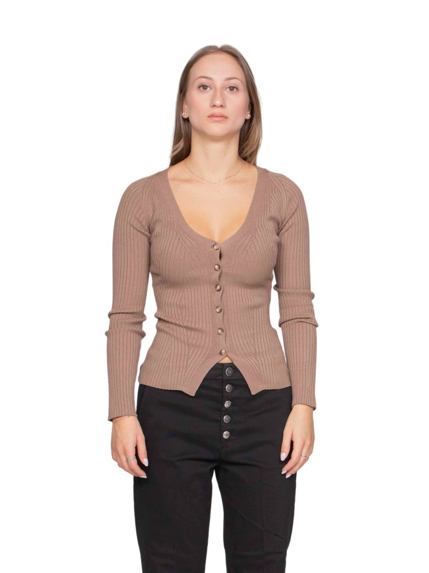 Dondup Fitted Brown Ribbed Knit Cardigan With Button Front