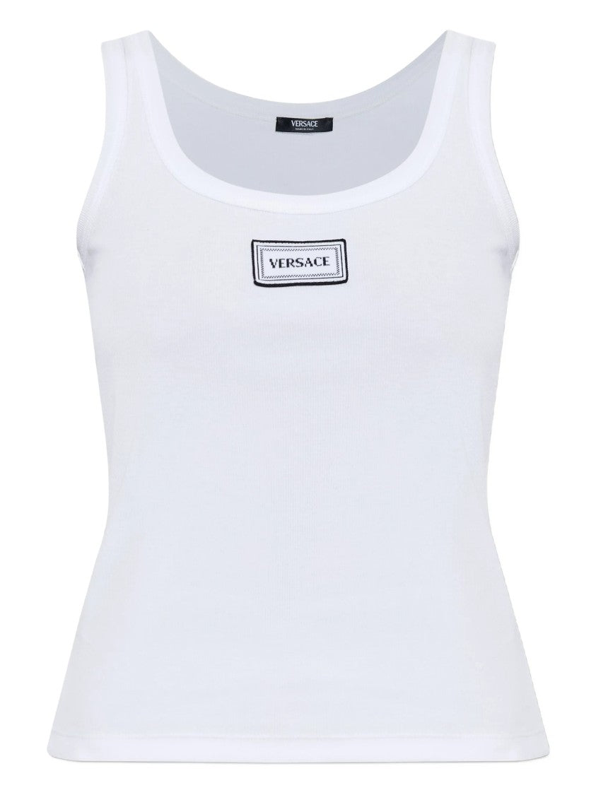 Versace White Fitted Logo Patch Cotton Top