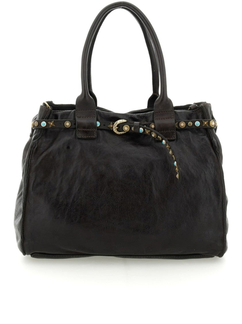 Campomaggi Black Leather Handbag With Decorative Belt And Elegant Buckle