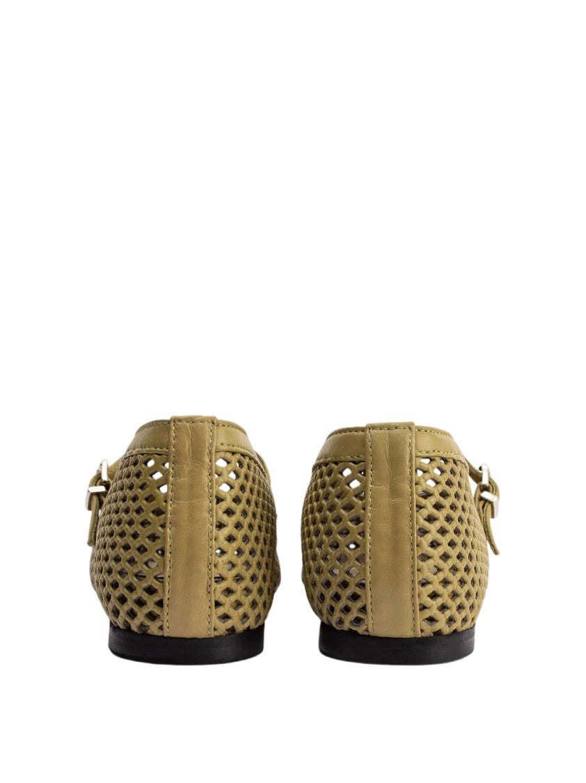 Poeve Perforated Nappa Leather Buckle Strap Ballerina Flats