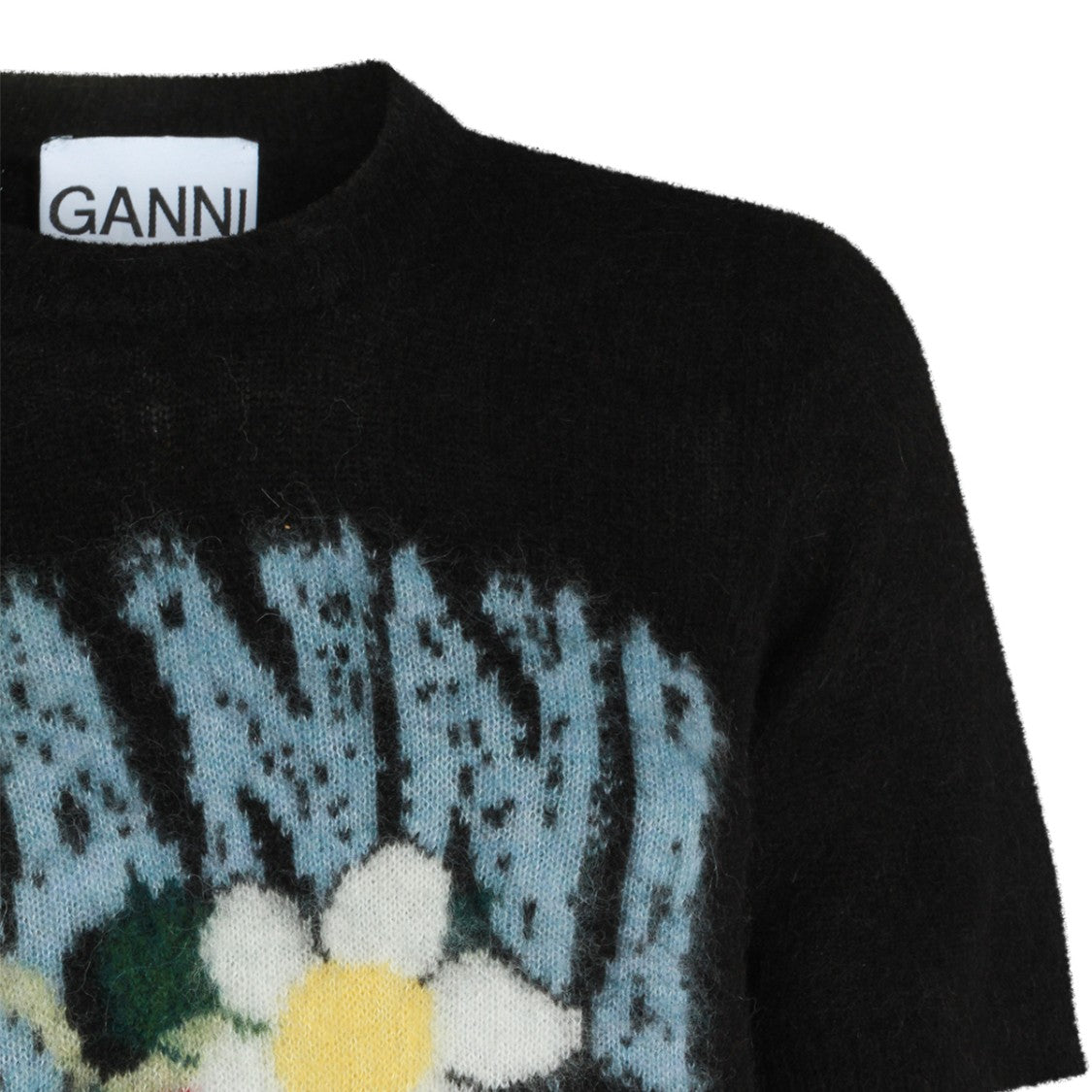 Ganni Black Wool T-Shirt With Graphic Artwork And Round Neckline