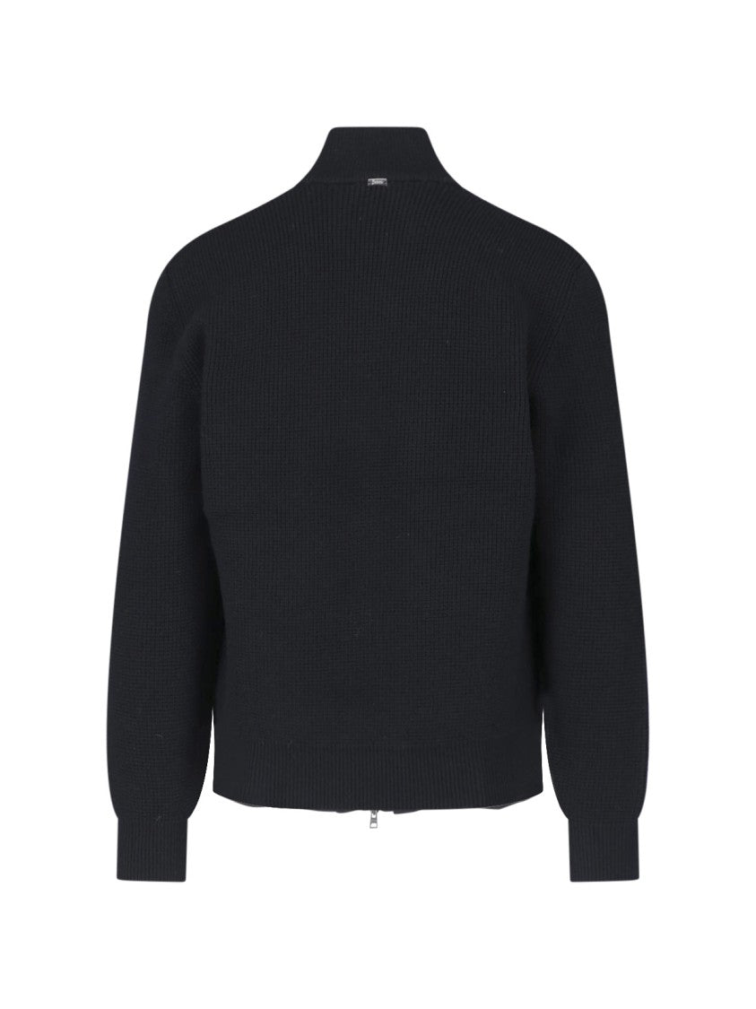 Herno Black High-Collar Padded Virgin Wool Cardigan