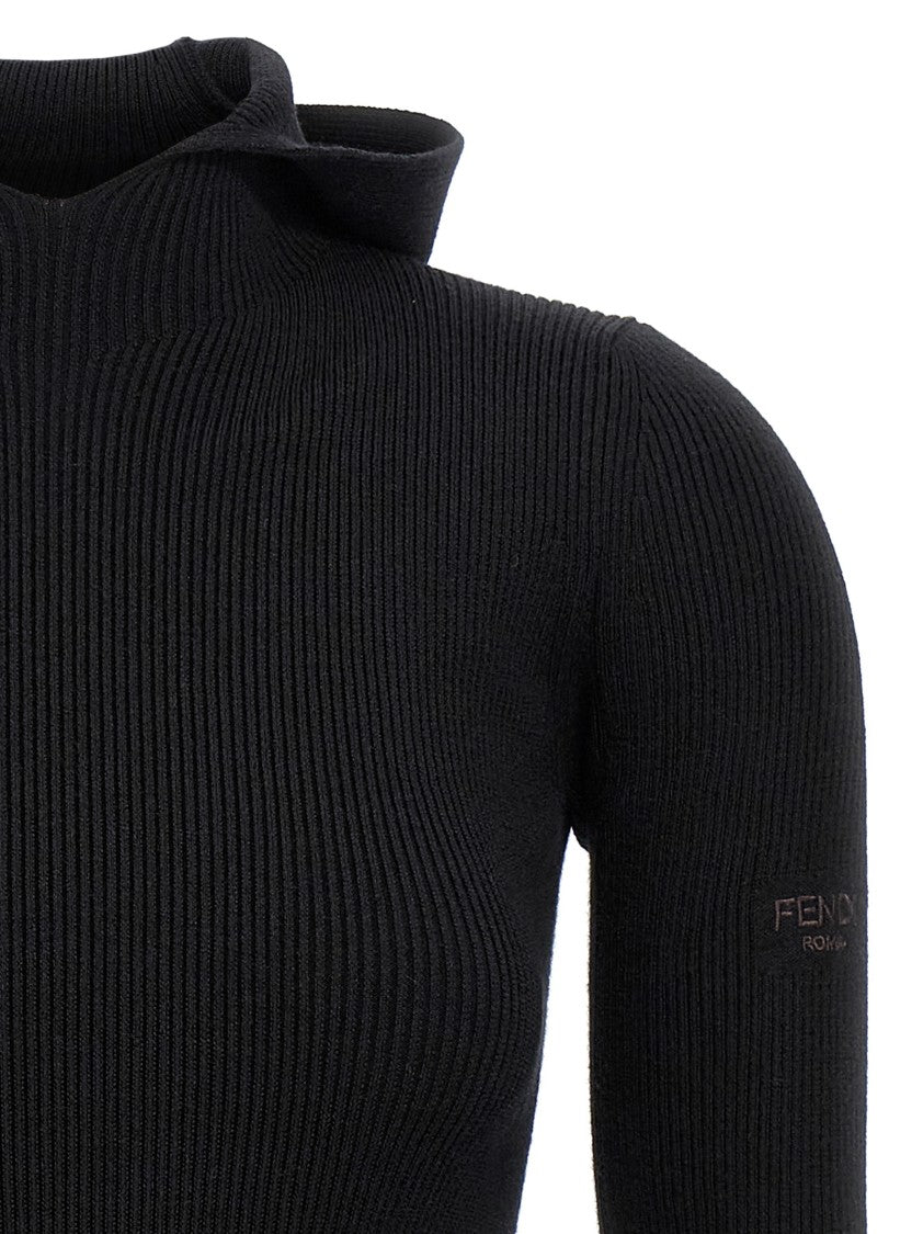 Fendi Ribbed Wool-Silk Hooded Dress With Side Slits