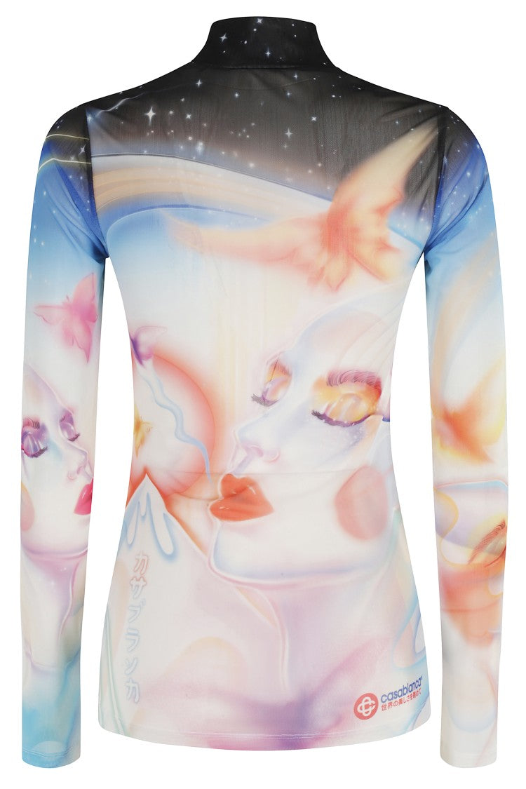 Casablanca High-Neck Multicolor Printed Tulle Top