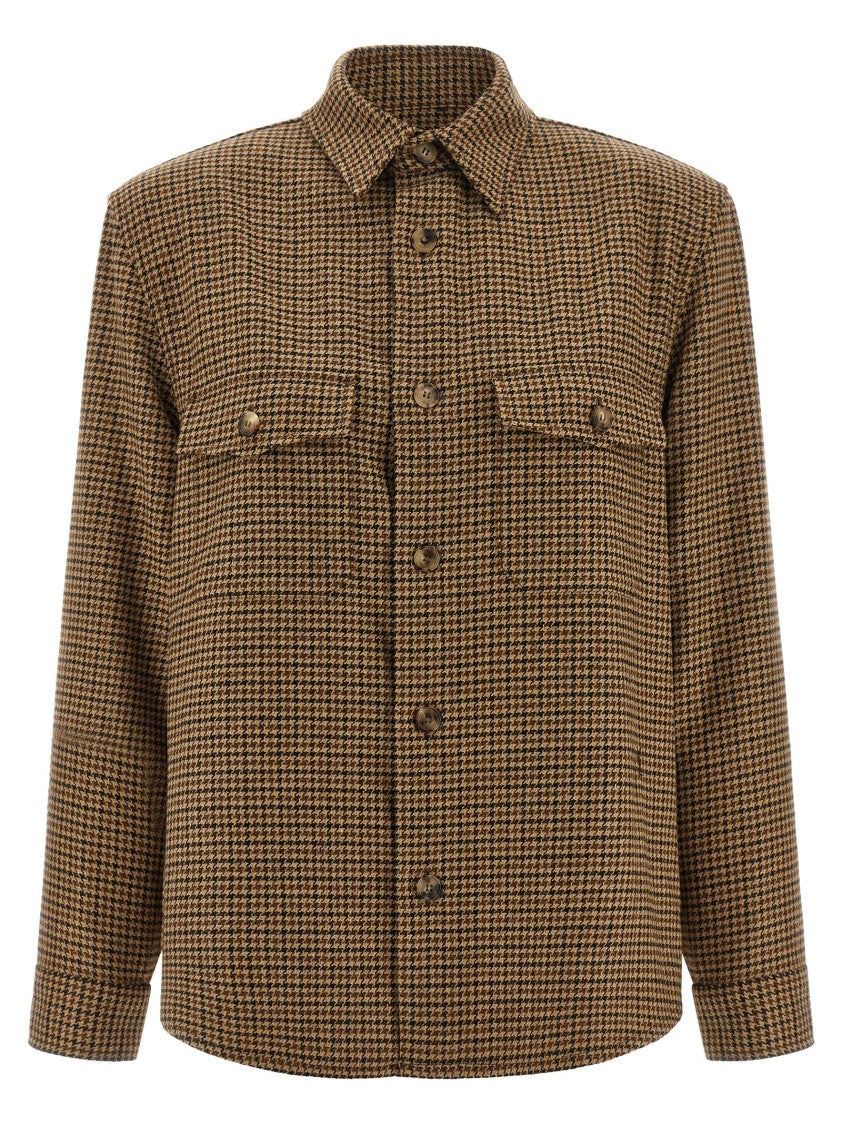 Saint Laurent Oversized Houndstooth Wool Blend Overshirt With Side Slits