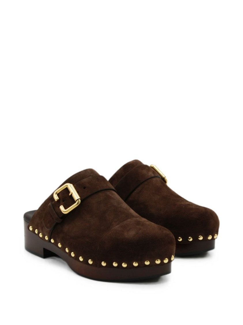 Chloé Dark Brown Suede Press Studs Monogram Flats